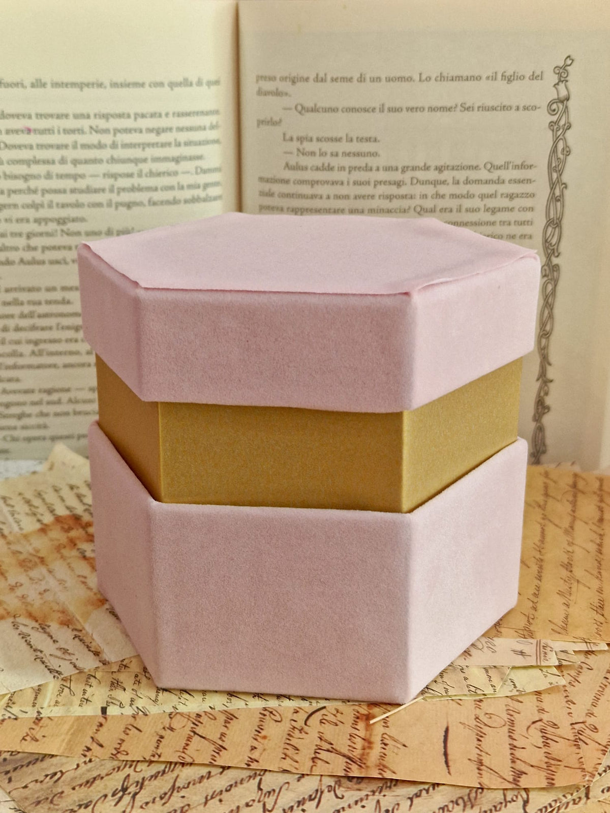 Scatole Esagonali in Velluto Rosa Cipria con Bordo Oro – 4 Misure