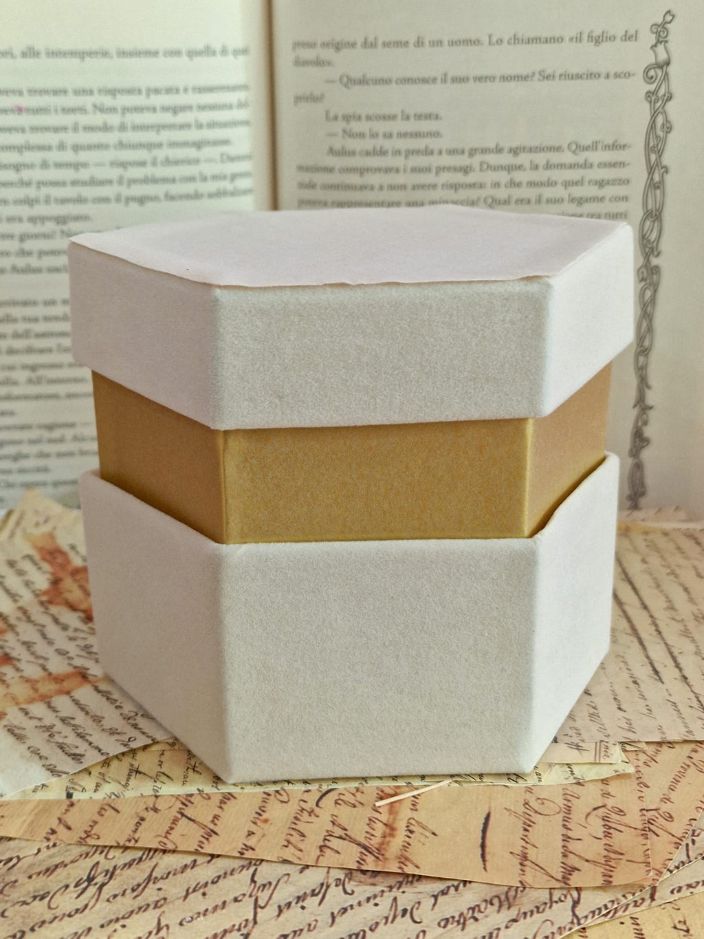 Scatole Esagonali in Velluto Beige con Bordo Oro – 4 Misure