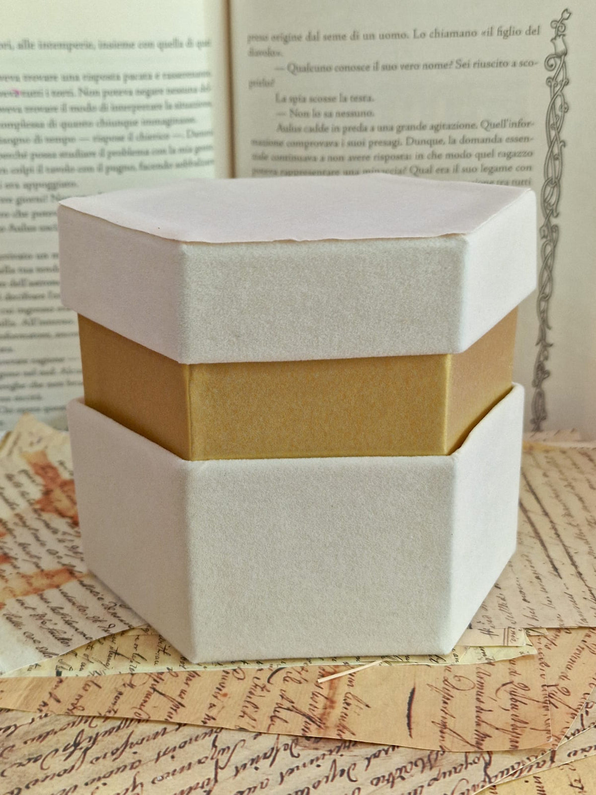 Scatole Esagonali in Velluto Beige con Bordo Oro – 4 Misure